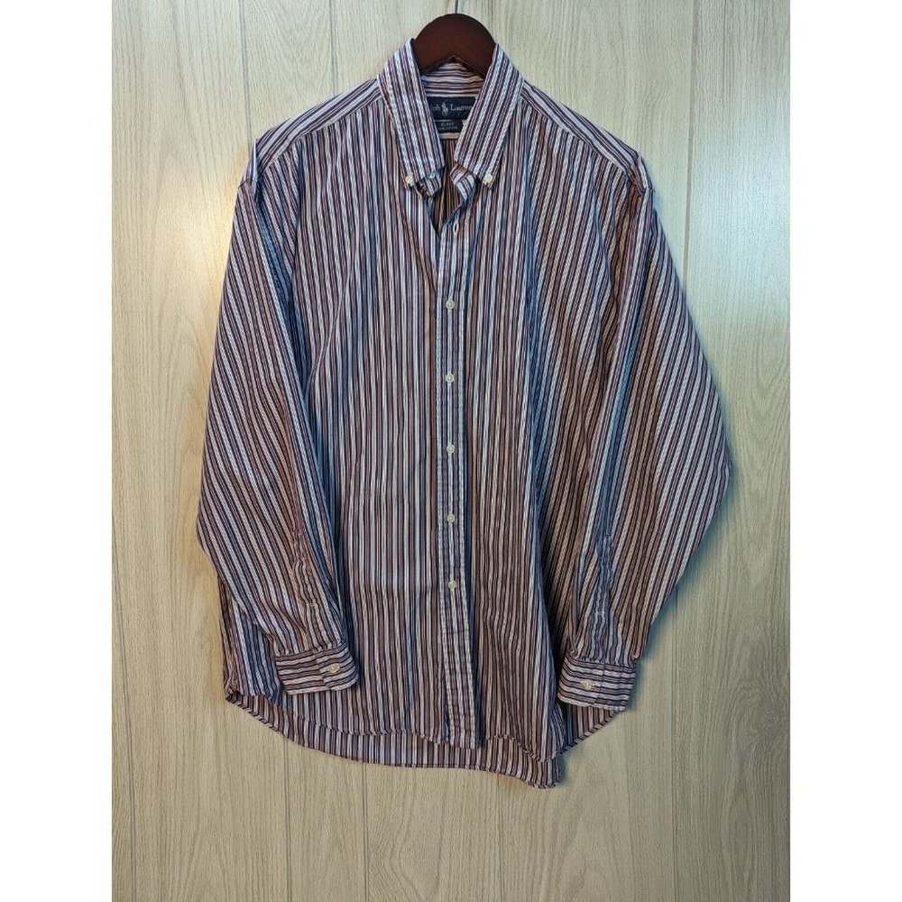 Polo Ralph Lauren Shirt Mens Large Blake  Blue Red Striped Dress Button Up Fit